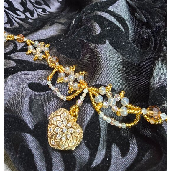 Handcrafted 18k Gold Plated Heart Locket Peach Zircon & Prehnite Beaded Necklace - Picture 2 of 10